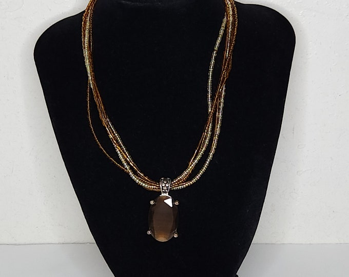 Vintage Premier Design Signed Five Strand Beaded Necklace with Faux Amber Stone Pendant C-5-36