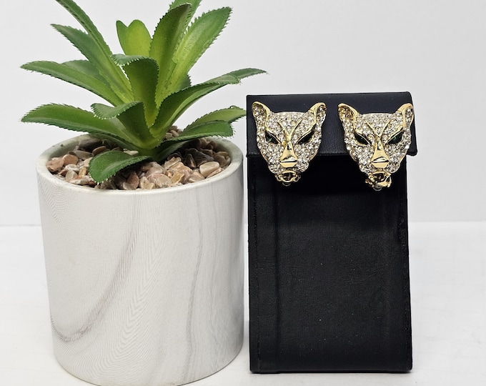 Vintage Rhinestone Gold Tone Tiger Leopard Cat Lion Head Clip-on Earrings LIN5