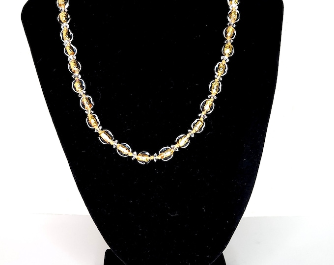 Vintage Clear Glass Cased Gold Foil and Crystal Bicones Beaded Necklace D-4-44