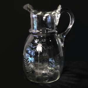Victorian Hand Blown Pitcher with Ruffle Edge, Panel Optic and Etched Floral Design