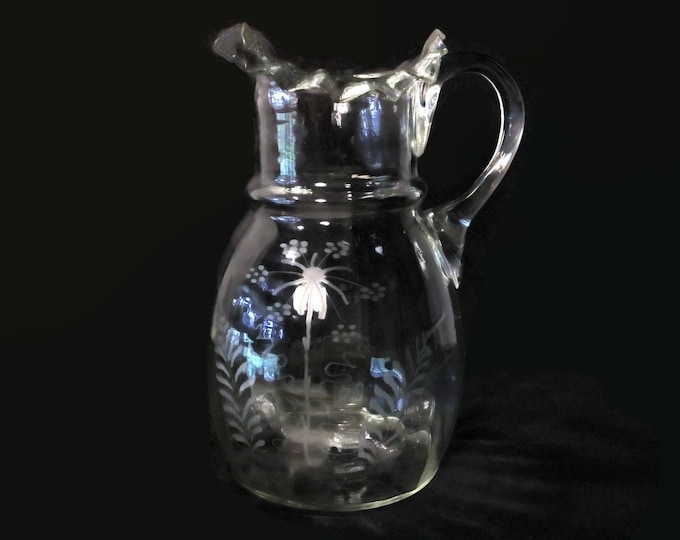 Victorian Hand Blown Pitcher with Ruffle Edge, Panel Optic and Etched Floral Design