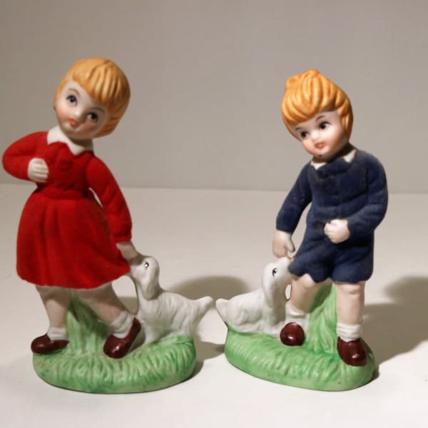 1950-60's Flocked Porcelain/Bisque Children with Dog Figurines