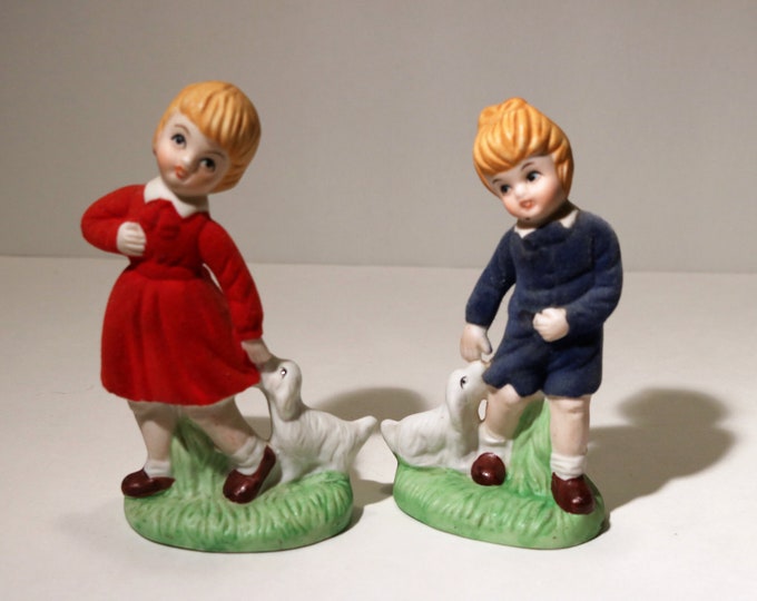 1950-60's Flocked Porcelain/Bisque Children with Dog Figurines