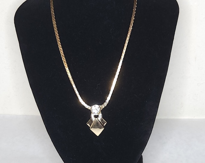 Vintage Gold Tone Diamond Shapes and Clear Rhinestone Snake Chain Necklace B-8-82