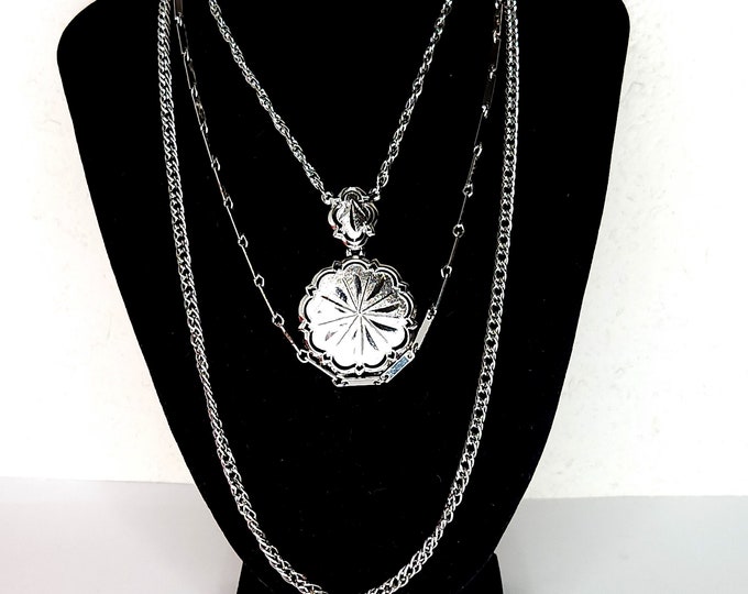 Vintage Three Strand Silver Tone Chain Necklace with Floral Pendant D-4-42