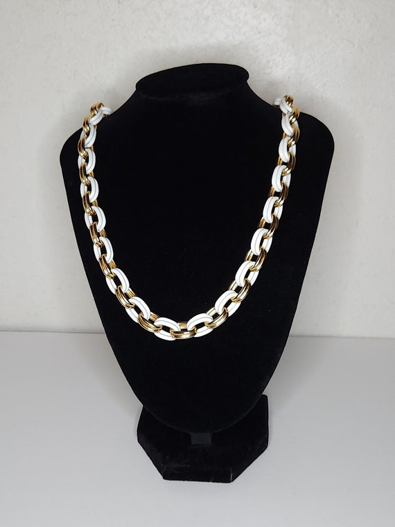 Vintage Gold Tone and White Enamel Chain Necklace… - image 1