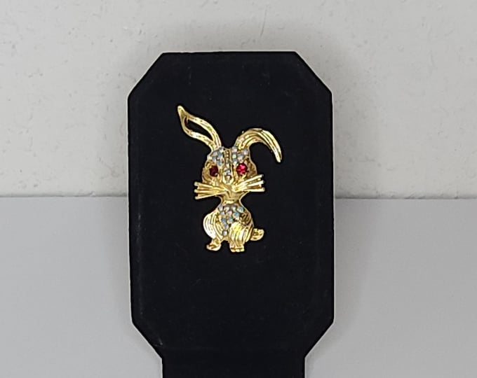 Vintage Joliets Made in Italy Gold Tone Bunny Rabbit with Blue Enamel and Red Rhinestones Brooch Pin D-2-57