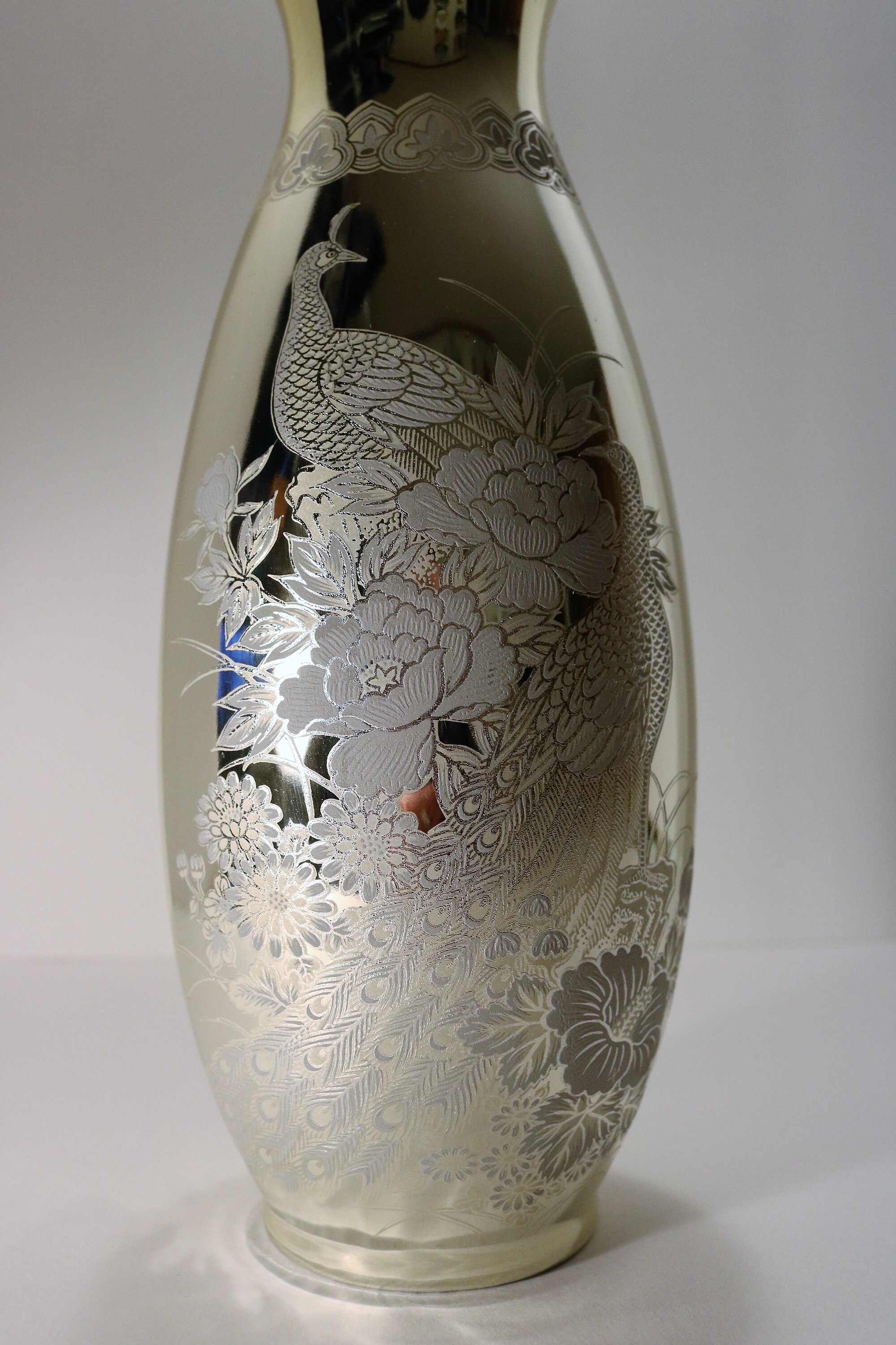Mid Century Gold & Silver Interpur Japan Vase with Peacocks and Flowers