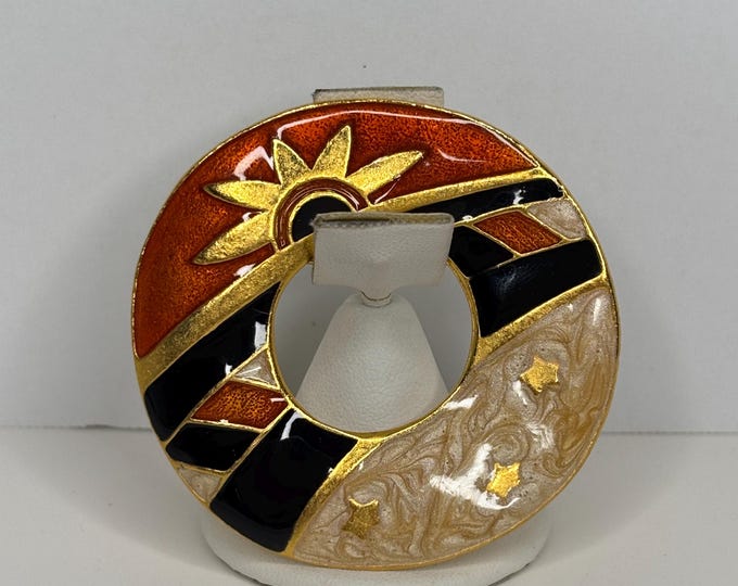 Vintage Celestial Sun and Stars Enameled Burnt Orange, Black, Beige, and Gold Tone Brooch D-7-100