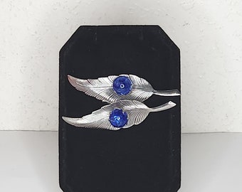 Vintage Silver Tone Two Leaves and Blue Glass Round Beads Brooch Pin D-4-78
