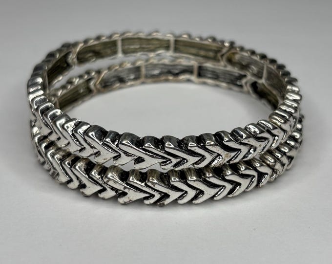 Stylized Silver-Tone V-Link Stretch Panel Bracelets Set of 2 D-7-49