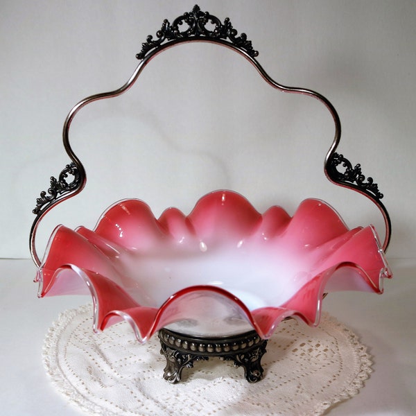 1850-83 EG Webster Pink Peach Blow High Glossed Bride's Basket