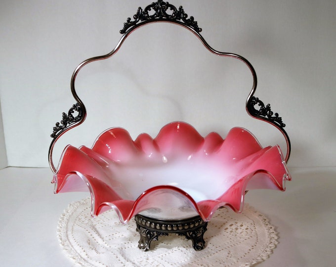 1850-83 EG Webster Pink Peach Blow High Glossed Bride's Basket