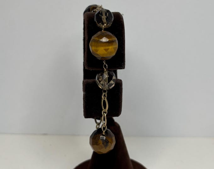 Vintage Vermeil Gold Over Sterling 925 Faceted Smokey Quartz and Tiger’s Eye Bracelet Size 7 D-8-85