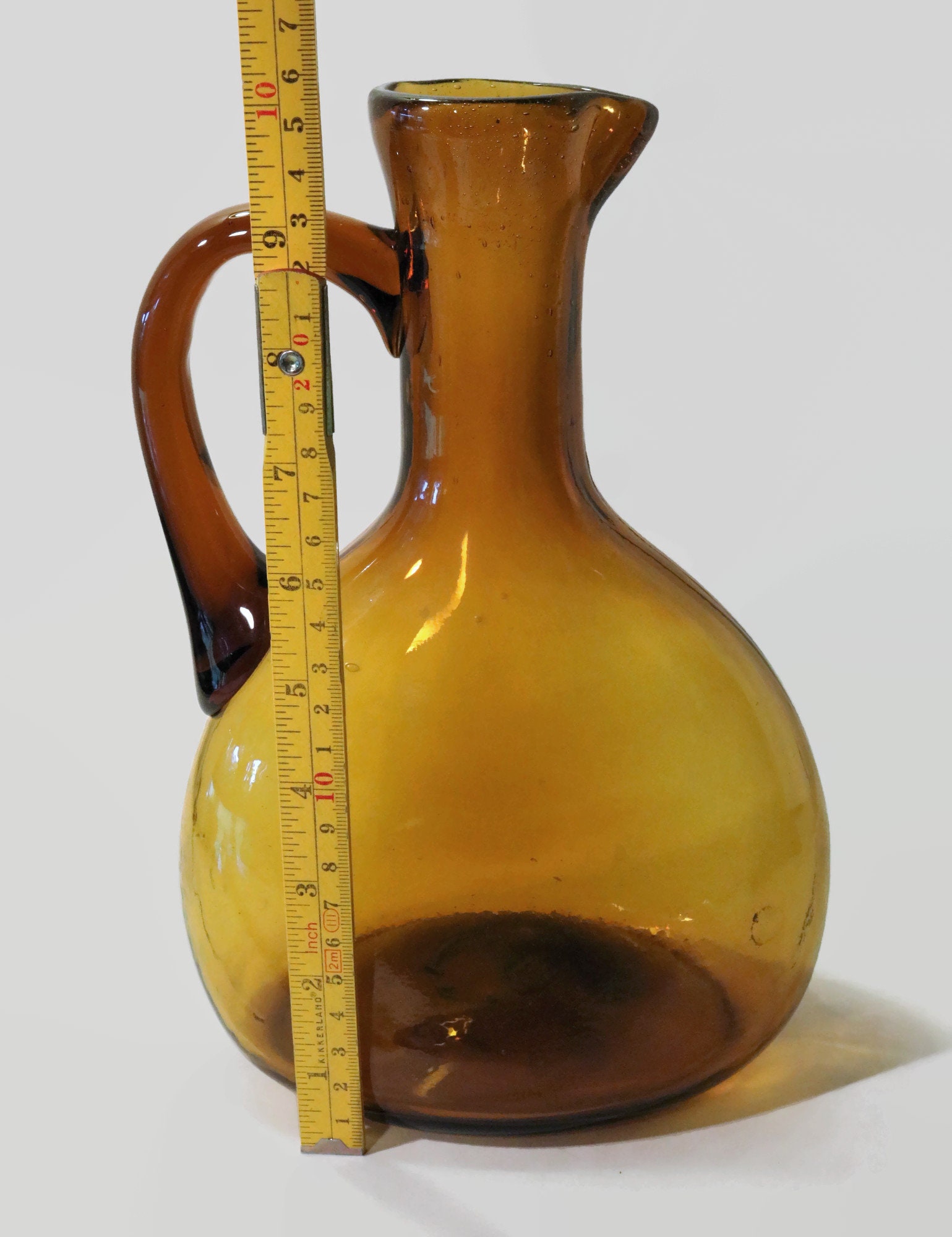 Vintage Amber Glass Jug Decanter Bottle with Handle Hand Blown