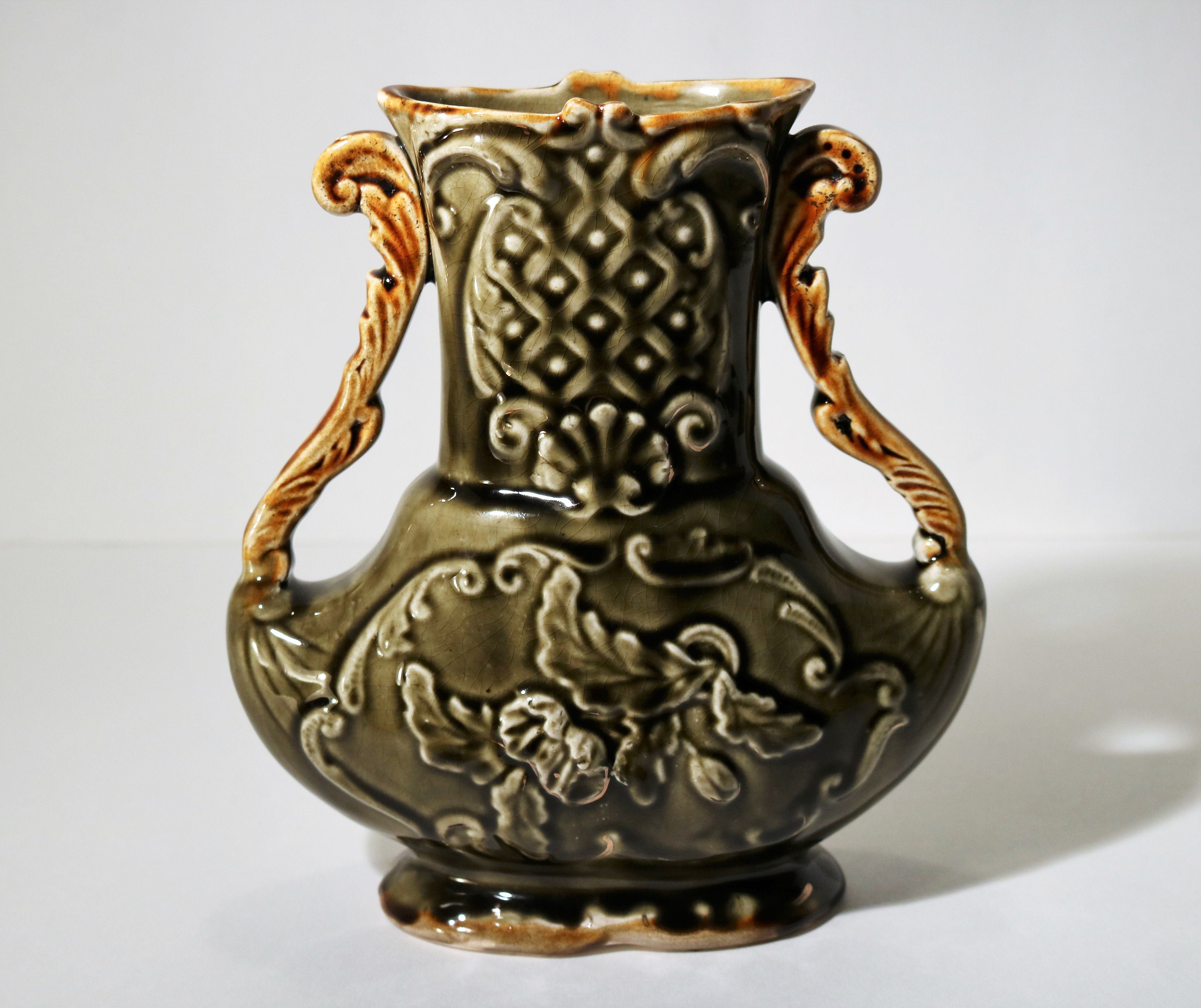 ca. 1900 Karlsruhe Germany Grand Ducal Majolica Floral Green Vase with