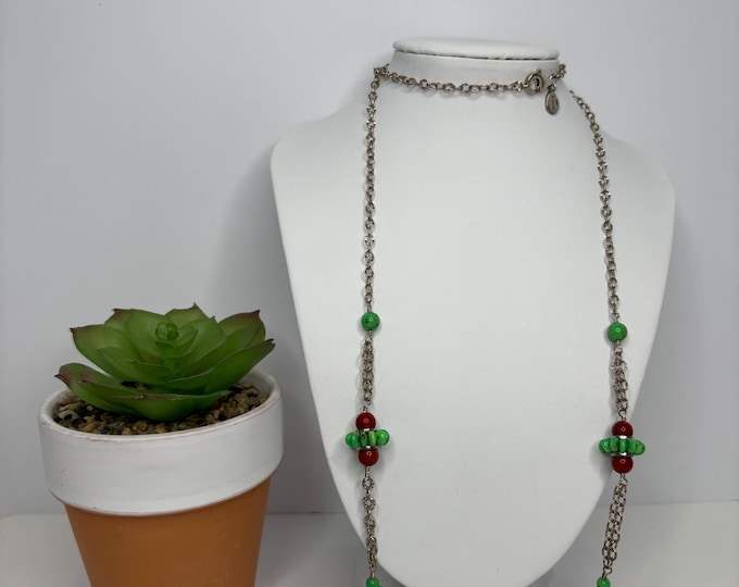 Vintage Sterling Barse Necklace with Stationed Green Turquoise and Coral Beads Approx 21” to 32” D-7-9
