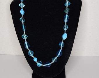 Vintage Blue Art Glass Bead Necklace C-7-70