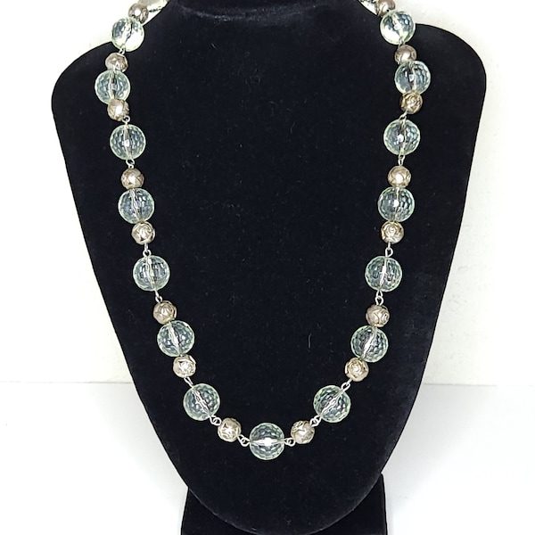 Vintage Pale Green Faceted Plastic Beaded Necklace with Silver Tone Rose Engraved Beads B-7-11