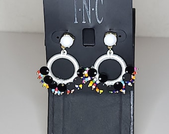 Vintage Macy's INC NOS White Thread Wrapped Ring Dangle Earrings with Black Sequins and Multicolor Seed Beads A-8-76