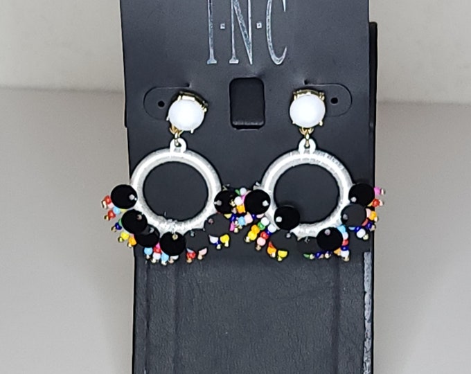 Vintage Macy's INC NOS White Thread Wrapped Ring Dangle Earrings with Black Sequins and Multicolor Seed Beads A-8-76