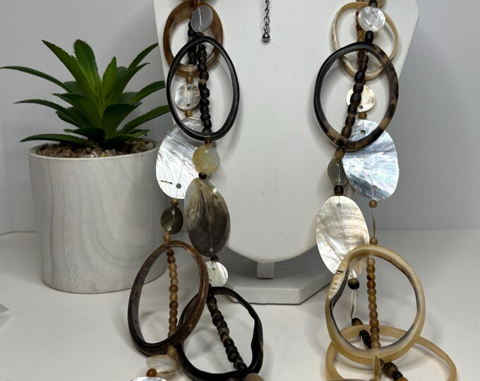 Vintage Horn Slice, Horn Bead, and Shell Disk Long Double Strand 39” to 41” Necklace D-8-72