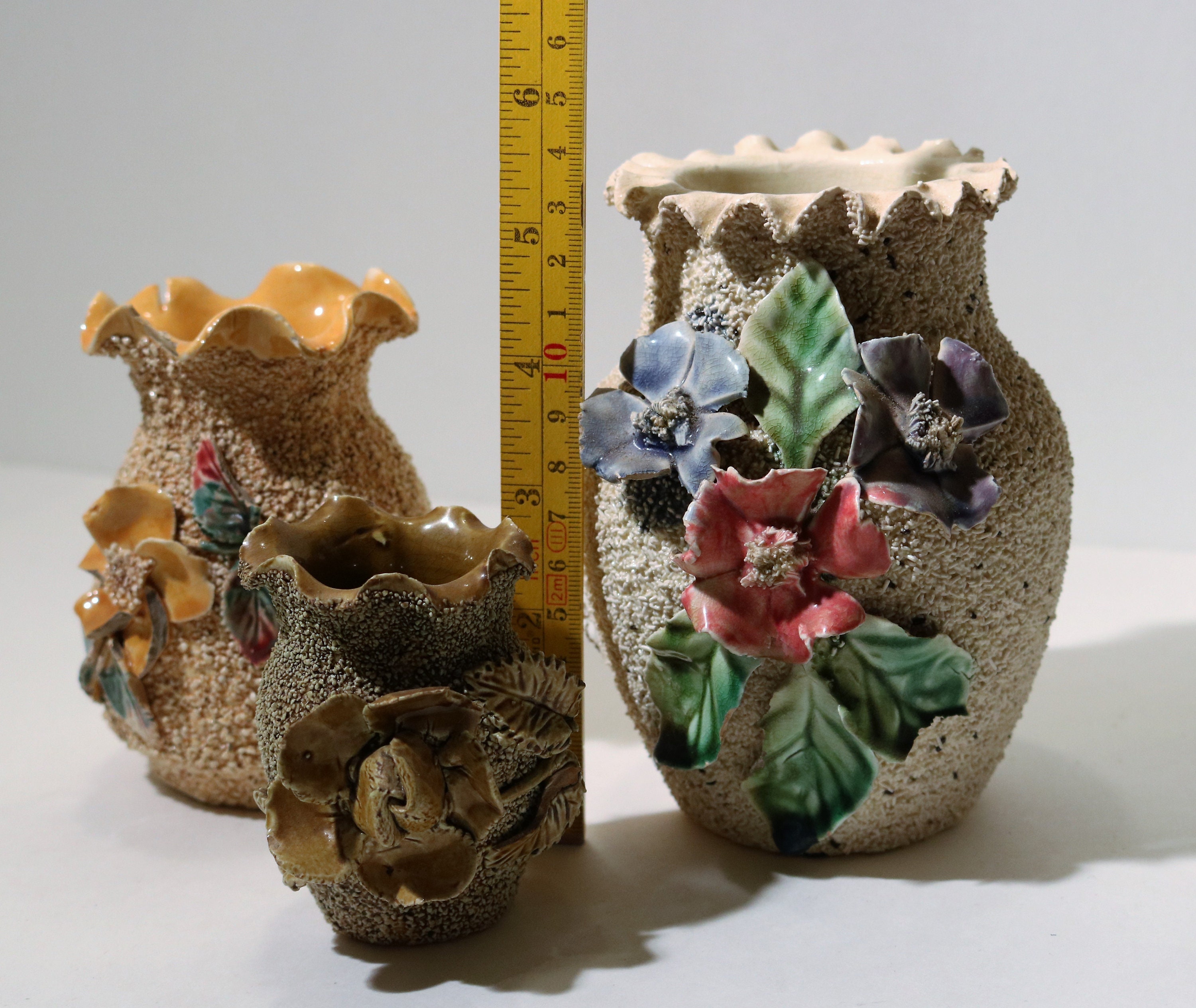18501900's Sand Majolica Barbotinestyle Flowers Set of 3 Ruffle Vases Rare and Pretty!