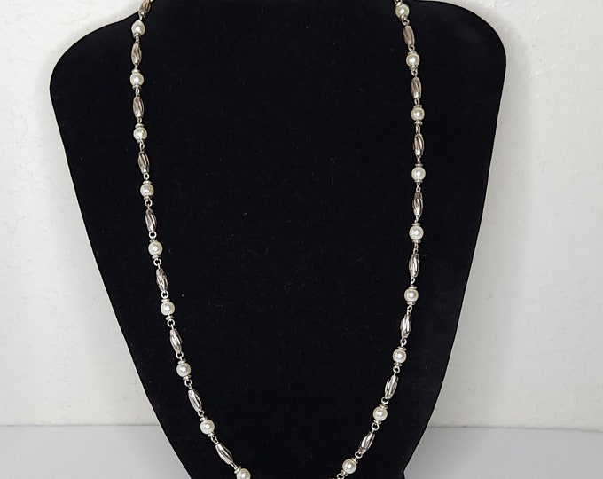 Vintage Silver Tone and Faux Pearl Beaded Long Necklace D-2-76