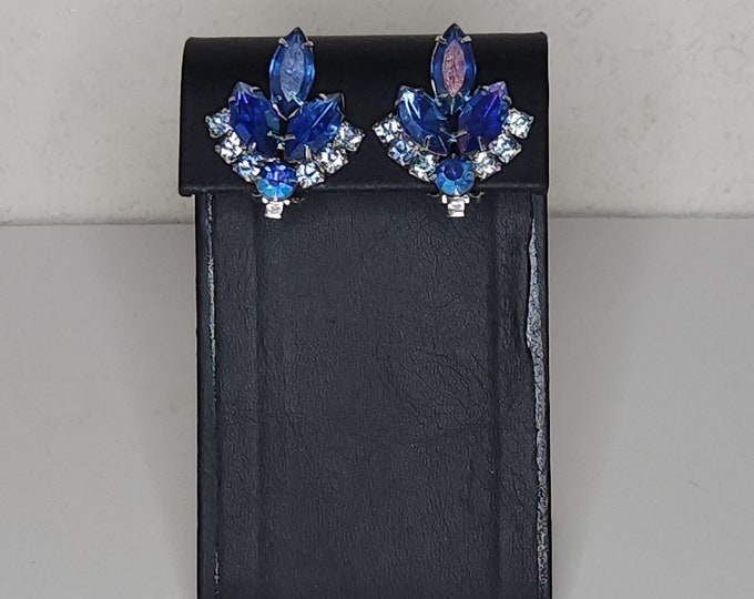 Vintage Sarah Coventry Signed Blue Iridescent Round and Navette Rhinestone Silver Tone Clip-On Earrings C-8-8