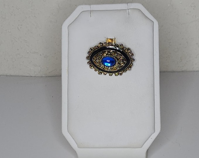 Vintage Gold Tone Oval Brooch Pin with Black Enamel and Blue Faux Cabochon C-1-11