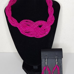 Pink Seed Bead Multistrand Knotted Necklace and Matching Earrings Set C-7-82
