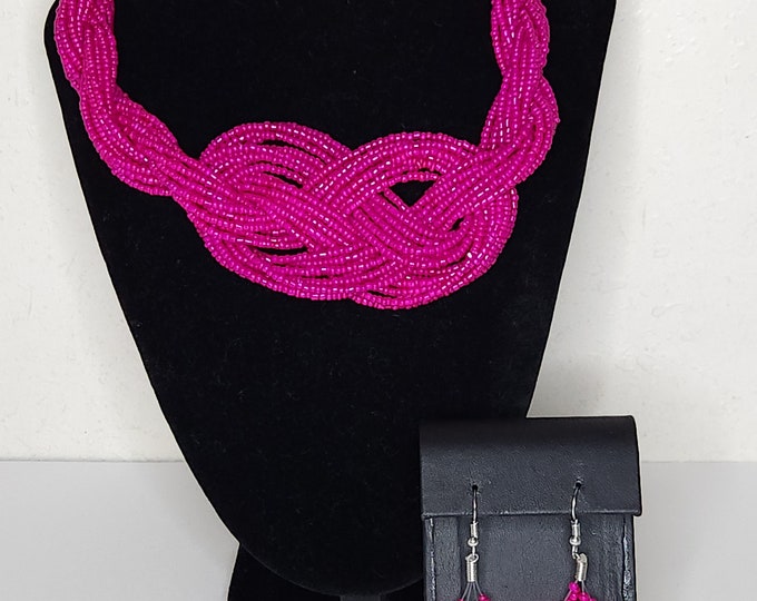 Pink Seed Bead Multistrand Knotted Necklace and Matching Earrings Set C-7-82