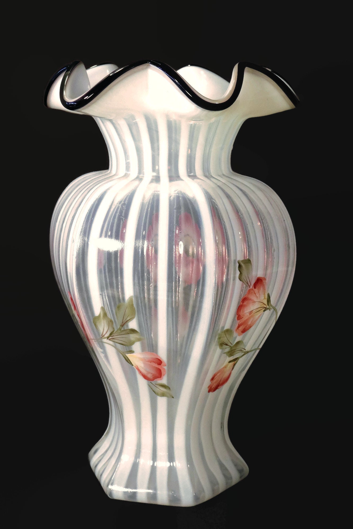 Rare Fenton Opalescent Ebony Black Crest 9 Hexigonal Hand Painted Vase