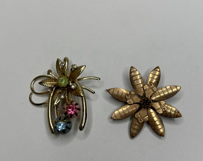 Two Gold Tone Flower Pins Brooches-Pink, Blue, and Green Rhinestones and Very Old  Pressed Metal D-8-58