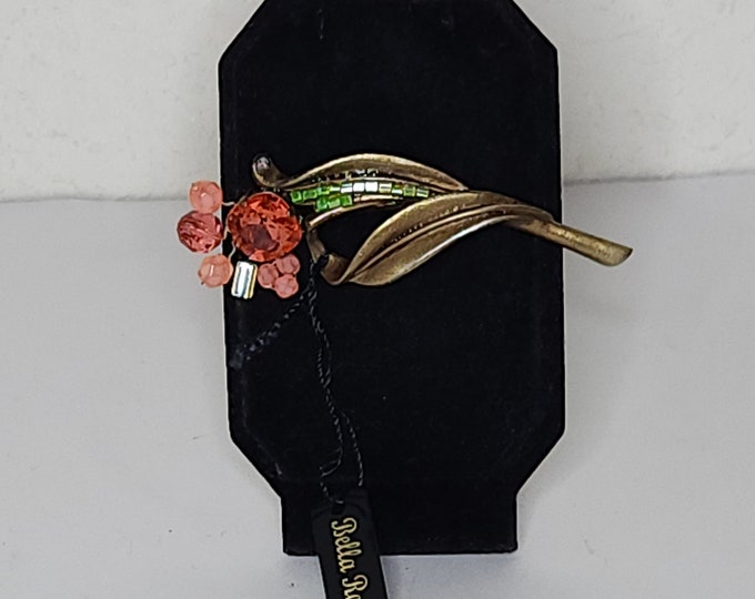 NOS Bella Rosa Gold Tone Floral Brooch with Pink and Green Bead Accents D-1-31