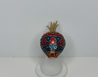 Vintage Enameled Gold, Red, Teal Marcella Gold Tone Pottery Vase with Plant Brooch D-7-92