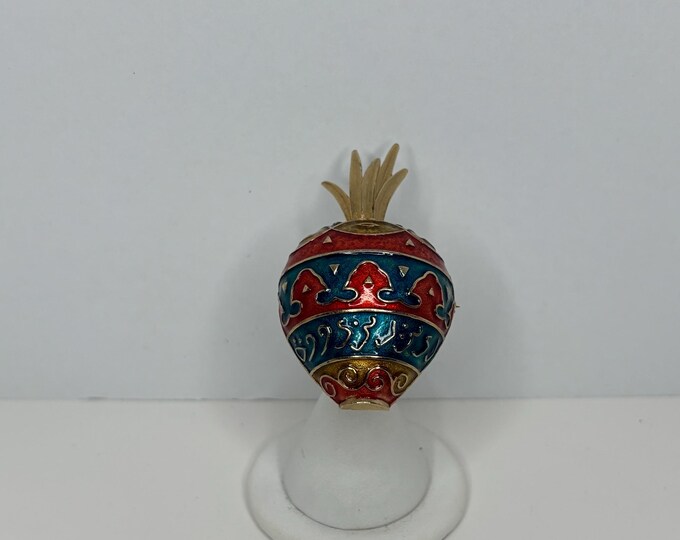 Vintage Enameled Gold, Red, Teal Marcella Gold Tone Pottery Vase with Plant Brooch D-7-92