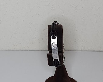 Vintage Silver Tone Curved Plate with Floral Engraving and Black Faux Leather Bracelet with Real Stone and Pearl Dangles D-2-28