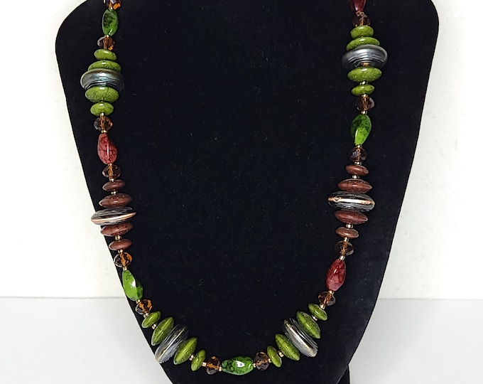 Vintage Red and Green Faux Stone Plastic Beaded Necklace with Gold Tone and Translucent Amber Colored Beads B-5-98