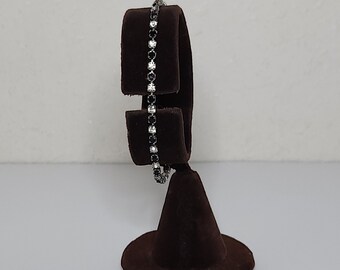 Vintage Silver Tone Cup Chain Bracelet with Black and Clear Rhinestones D-1-97