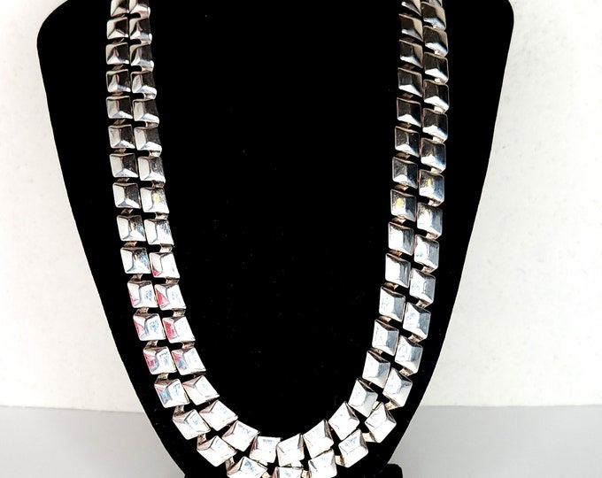 Vintage Silver Tone Diamond Shaped Double Row Necklace D-3-81