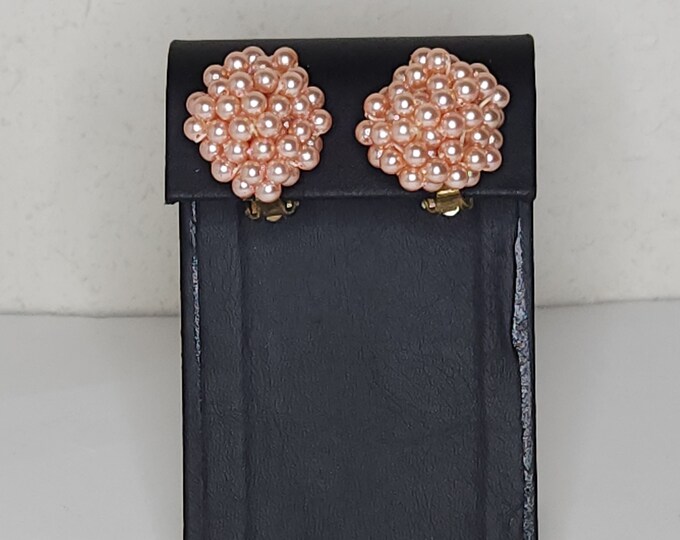 Vintage Pink Faux Pearl Beaded Cluster Clip-On Earrings C-6-83