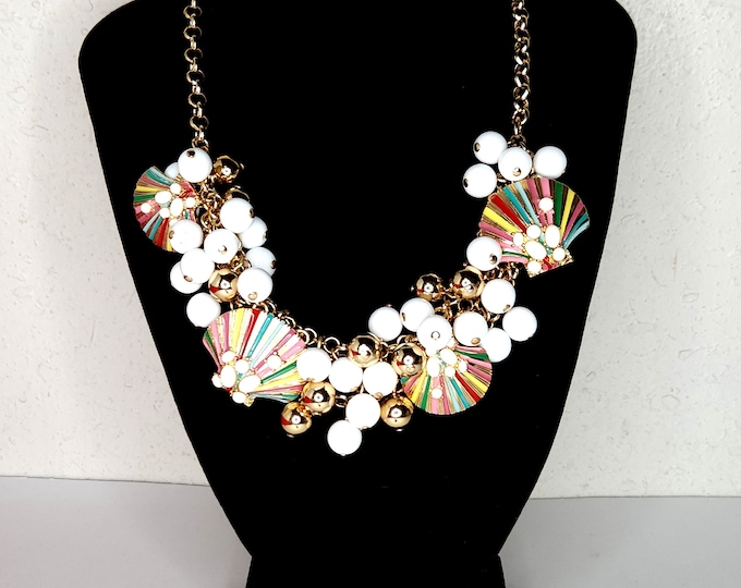 Vintage Talbots Signed Gold Tone Multicolor Enamel Seashell and White Plastic Bead Necklace D-4-48