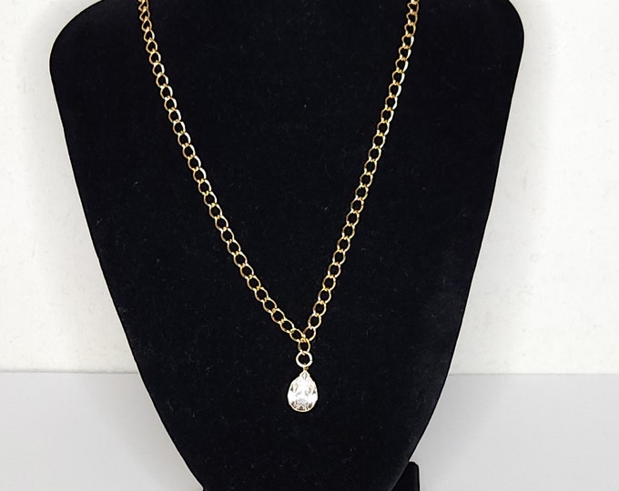 Vintage Gold Tone Chain with Clear Glass Teardrop Rhinestone Pendant Necklace C-7-99