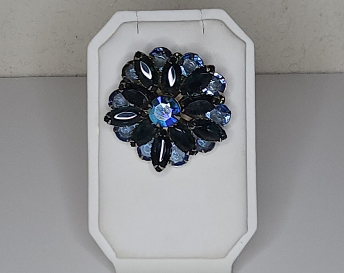 Vintage Silver Tone Flower Brooch Pin with Dark Blue Navette Rhinestones and Round Light Blue Rhinestones B-9-52