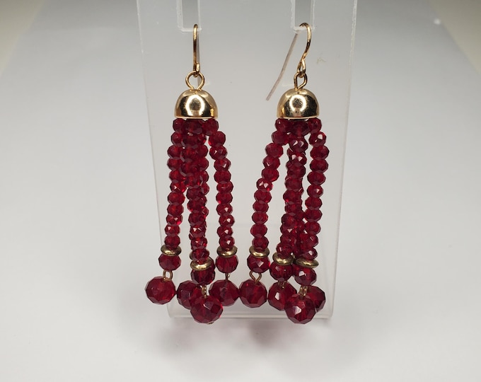 Vintage Ruby Red Crystal Fringe Dangle Gold-Tone Earrings D-6-62