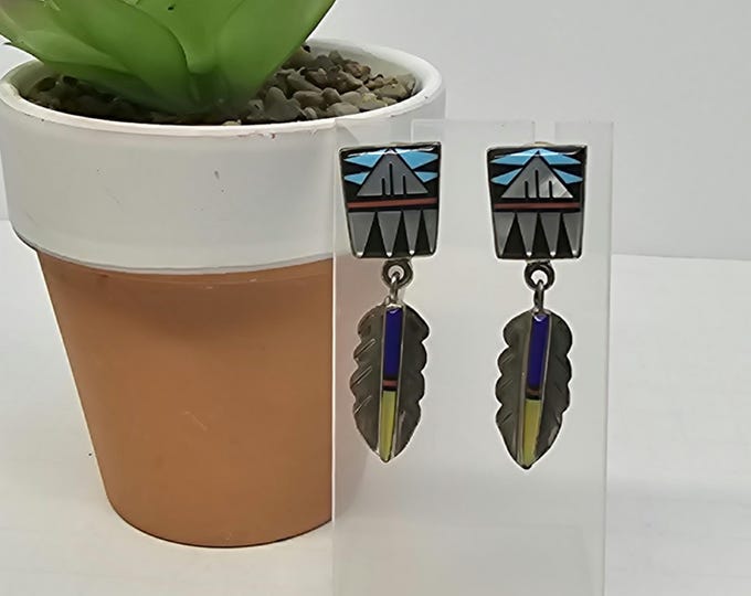 Vtg James Mason JM Navajo Sterling Feather and Inlay Inlaid Onyx, Lapis, Coral, Mother of Pearl, Turquoise Earrings D-5-30