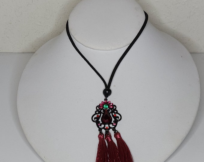 Vintage Red Tassels and Rhinestones Black Pendant on Black Silk Cord Necklace C-2-59