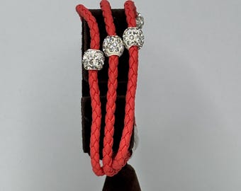 Coral Orange Faux Leather Wrap Style Bracelet with White Enameled Rhinestone Slide Beads and Magnetic Closure Size 7 D-8-38