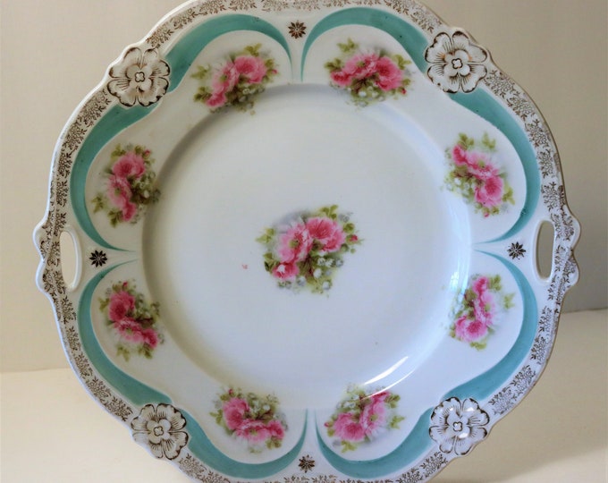 Antique Bavarian/German Style 10 3/4" China Serving Bowl with Reticulated Cut Out Handles Flowers & Banners-Blemished